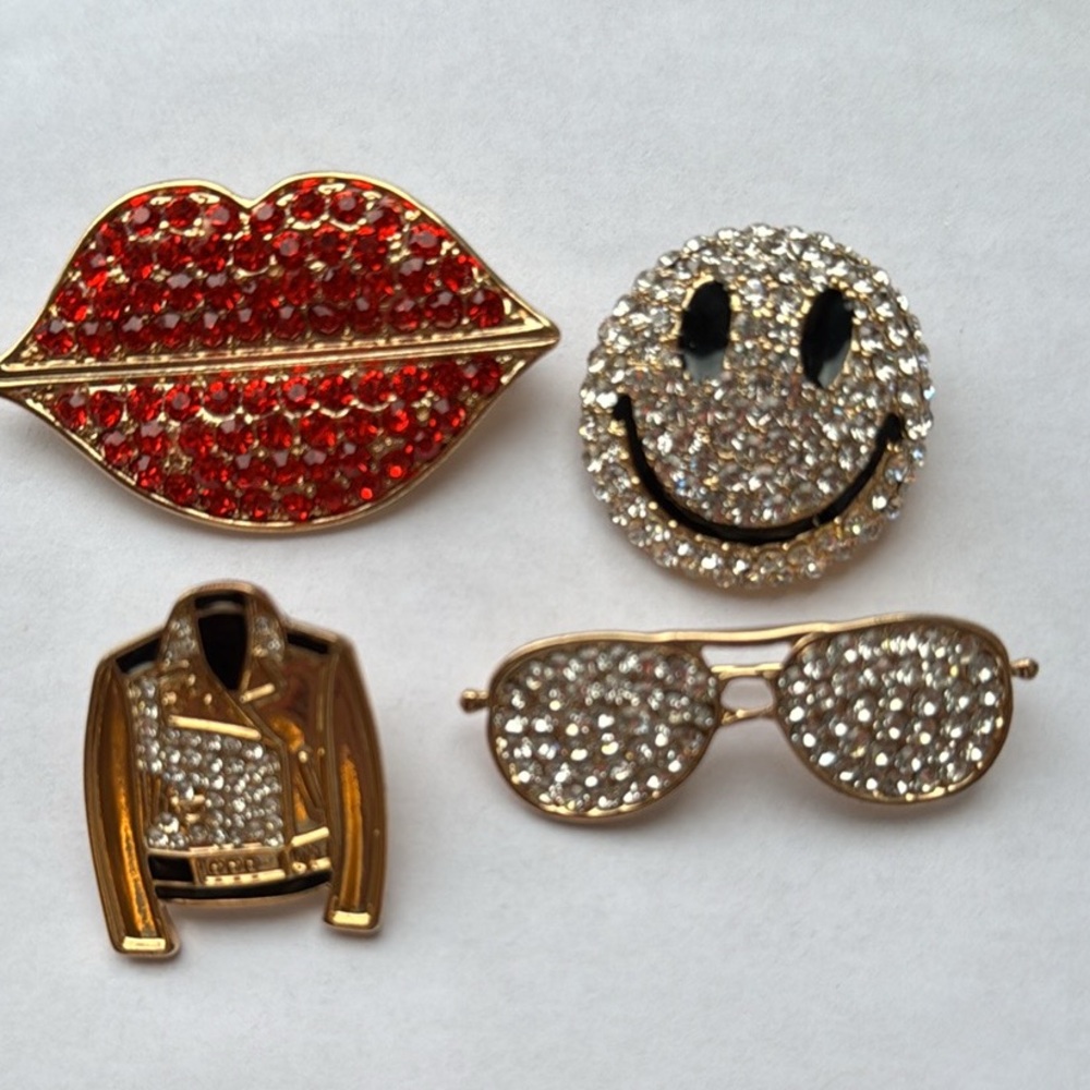 Set of 4 rhinestone pins - smiley face, lips, jacket and sunglasses